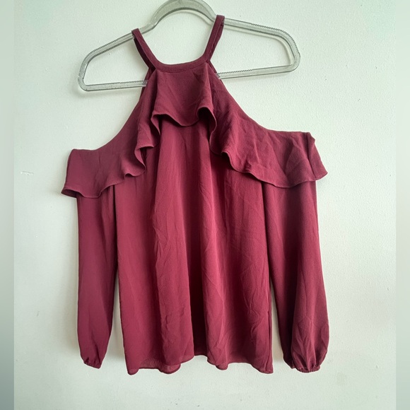 Michael Kors Burgundy Women’s Long Sleeve Cold-Shoulder Ruffle Blouse Size M - Picture 2 of 10
